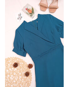 Front Fold Over V Neck Cuff Sleeve Waist Pleated Frill Hem Dress (Teal Blue)